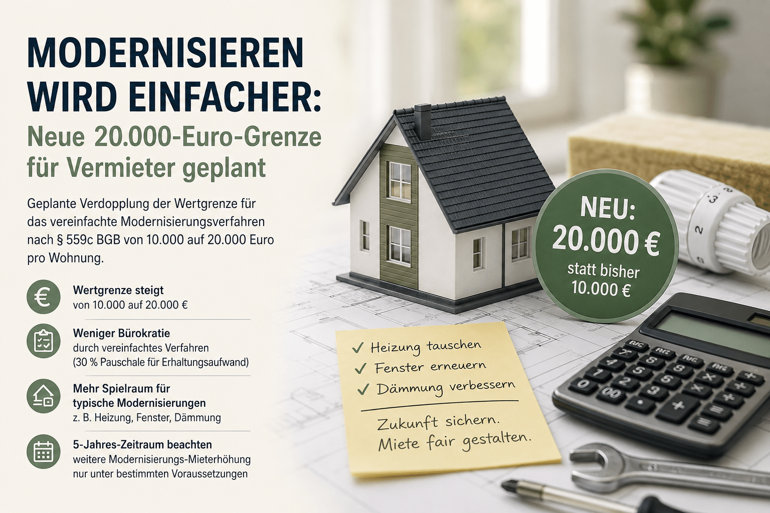 Modernisieren wird einfacher: Neue 20.000-Euro-Grenze für Vermieter geplant